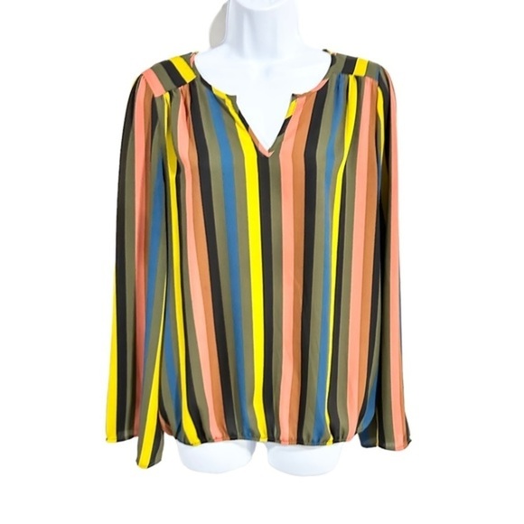 Allison Joy Multicolor Striped Long Sleeve Split V-Neck Blouse Top Size M - Picture 5 of 10